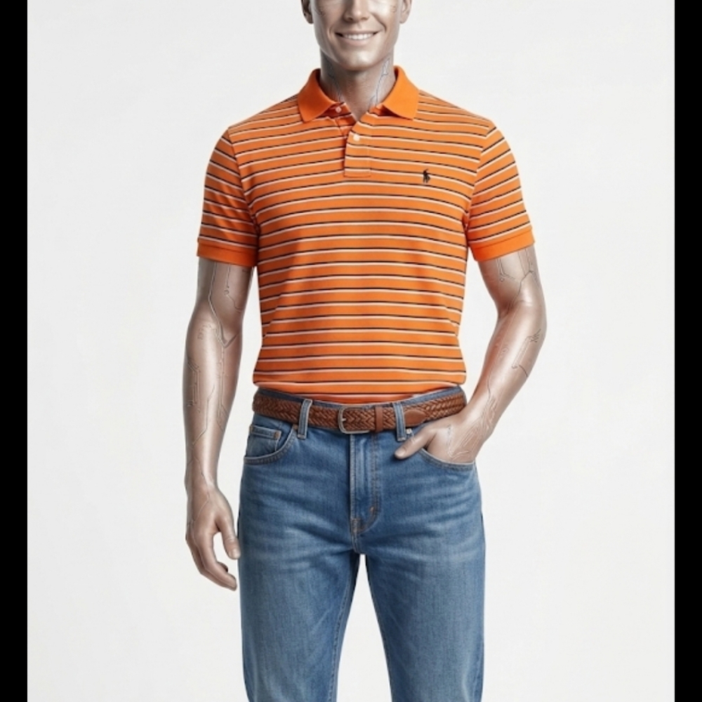 Polo by Ralph Lauren Men's Vibrant Orange Striped Polo Size XXL